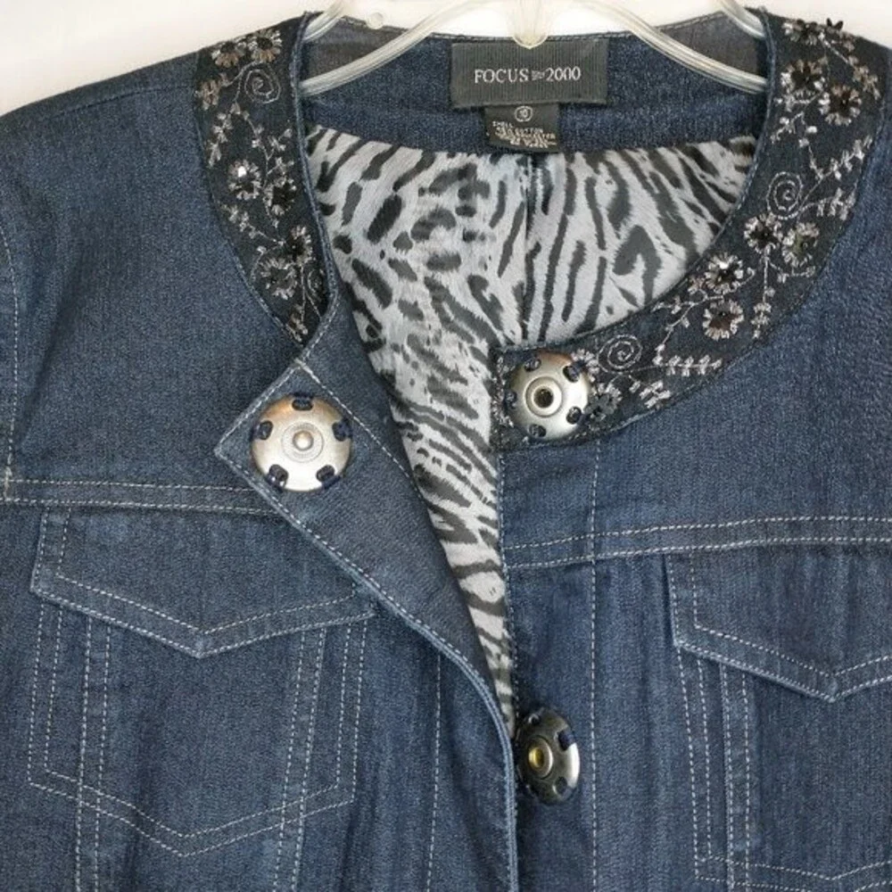 Focus 2000 Vintage Denim Jacket 10 Dark Wash Embroidered Sequin Collar Y2K